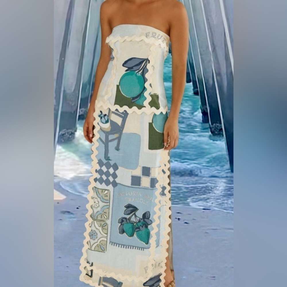 Casual Ribbon Trim Tile Print Tuscany Floral Strapless Bohemian Dress